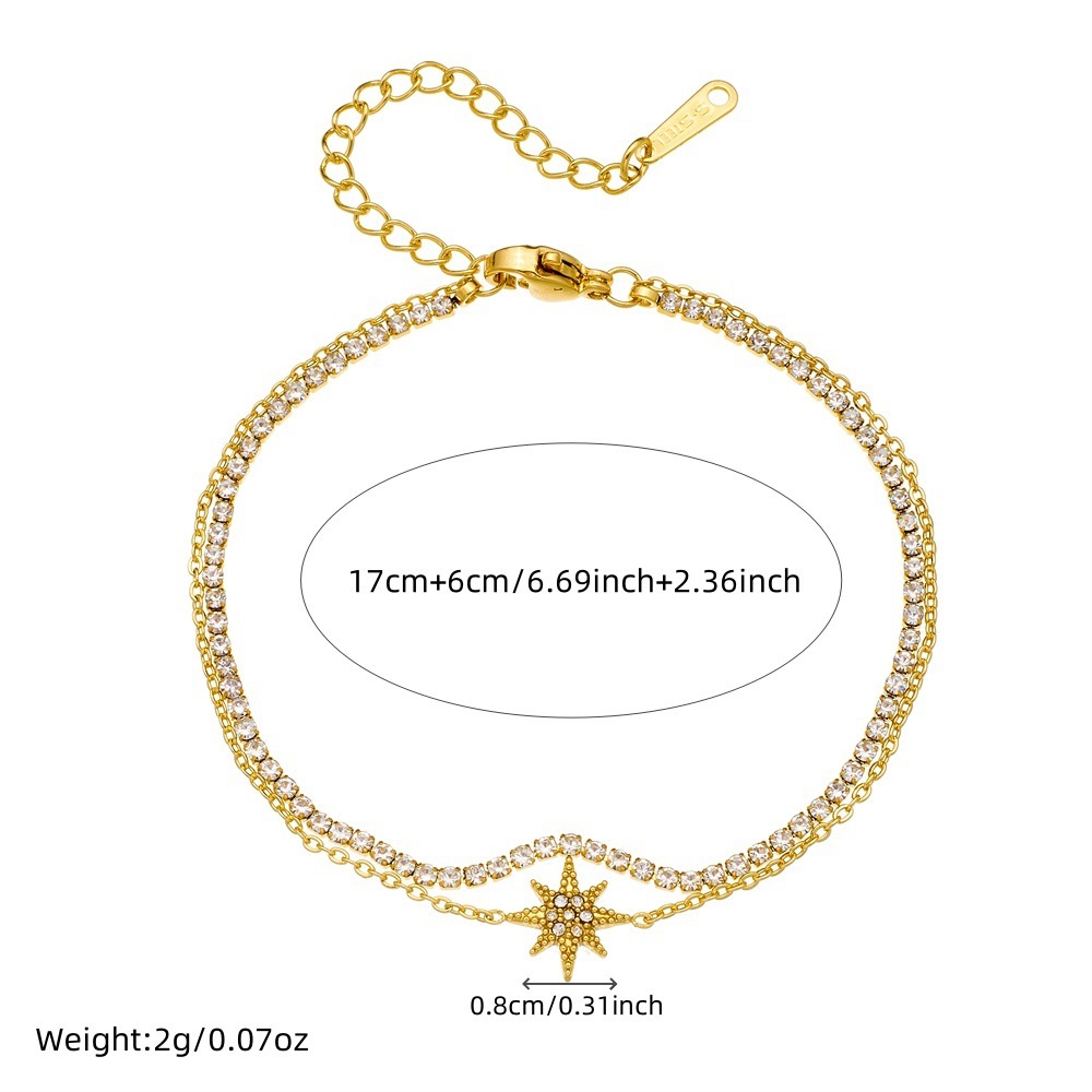 New cross-border minimalist and versatile diamond-encrusted eight-pointed star heart pendant, full diamond chain, stainless steel double-layer bracelet.