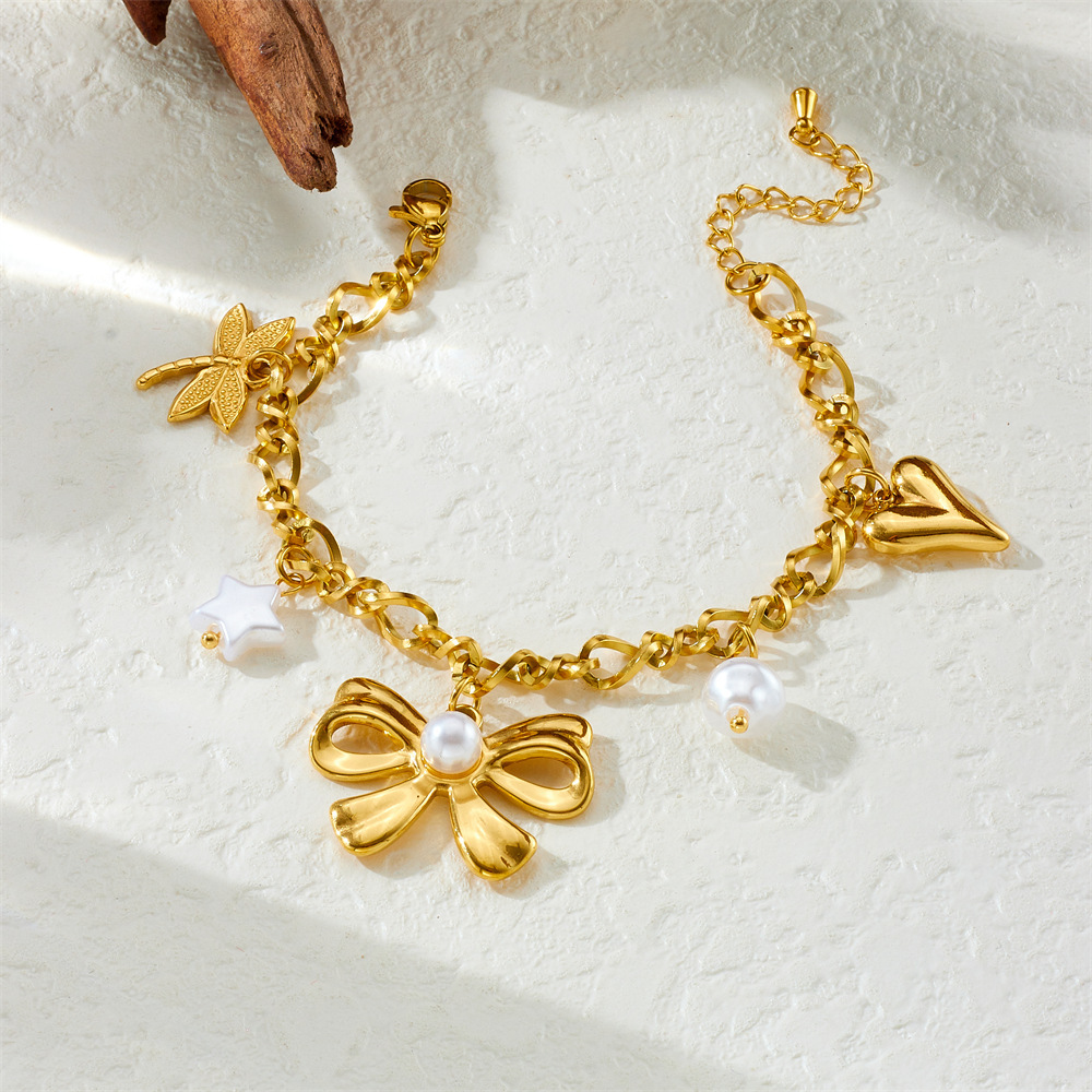 New cross-border fashion light luxury gold-plated stainless steel bow pearl heart dragonfly five-pointed star pendant bracelet