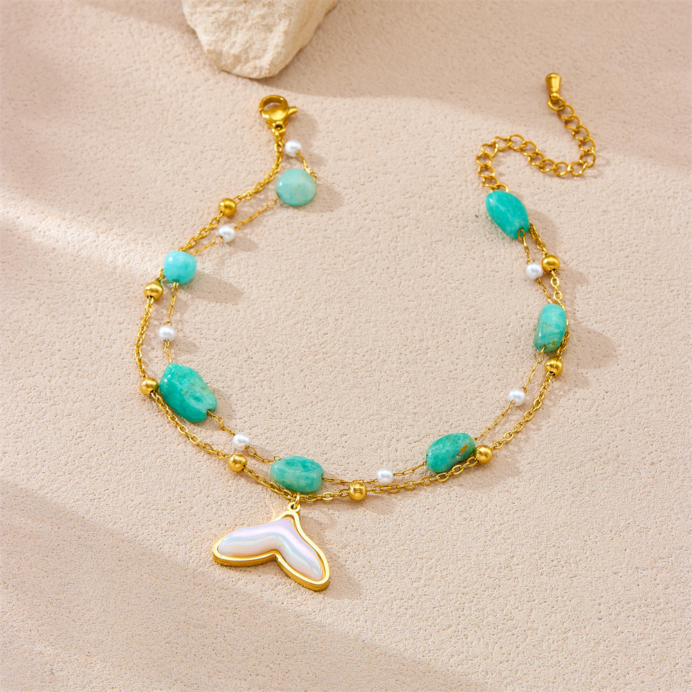 Cross-border fashion ocean style purple pebble beaded chain, double-layer stainless steel starfish dolphin fish tail anklet