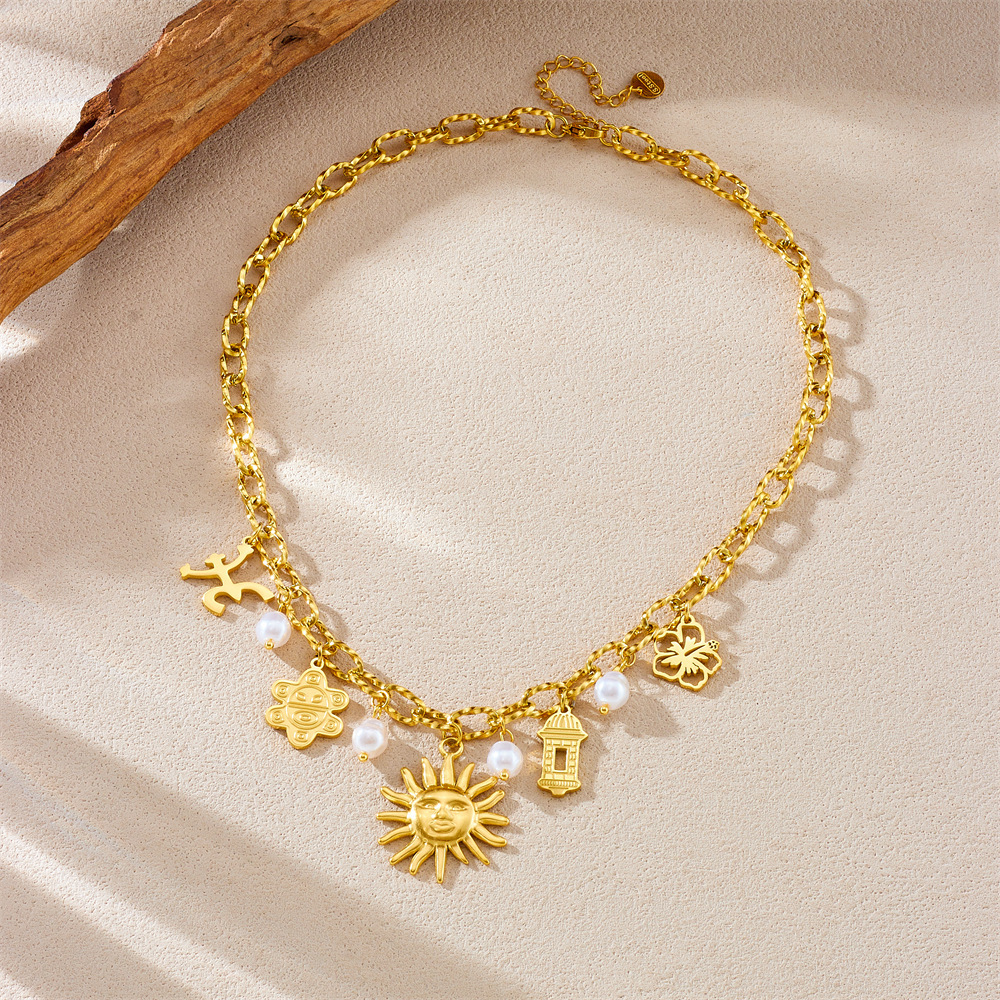 European and American style stainless steel necklace with sunflower design, ancient architecture pendant, gold-plated multi-element pearl clavicle chain
