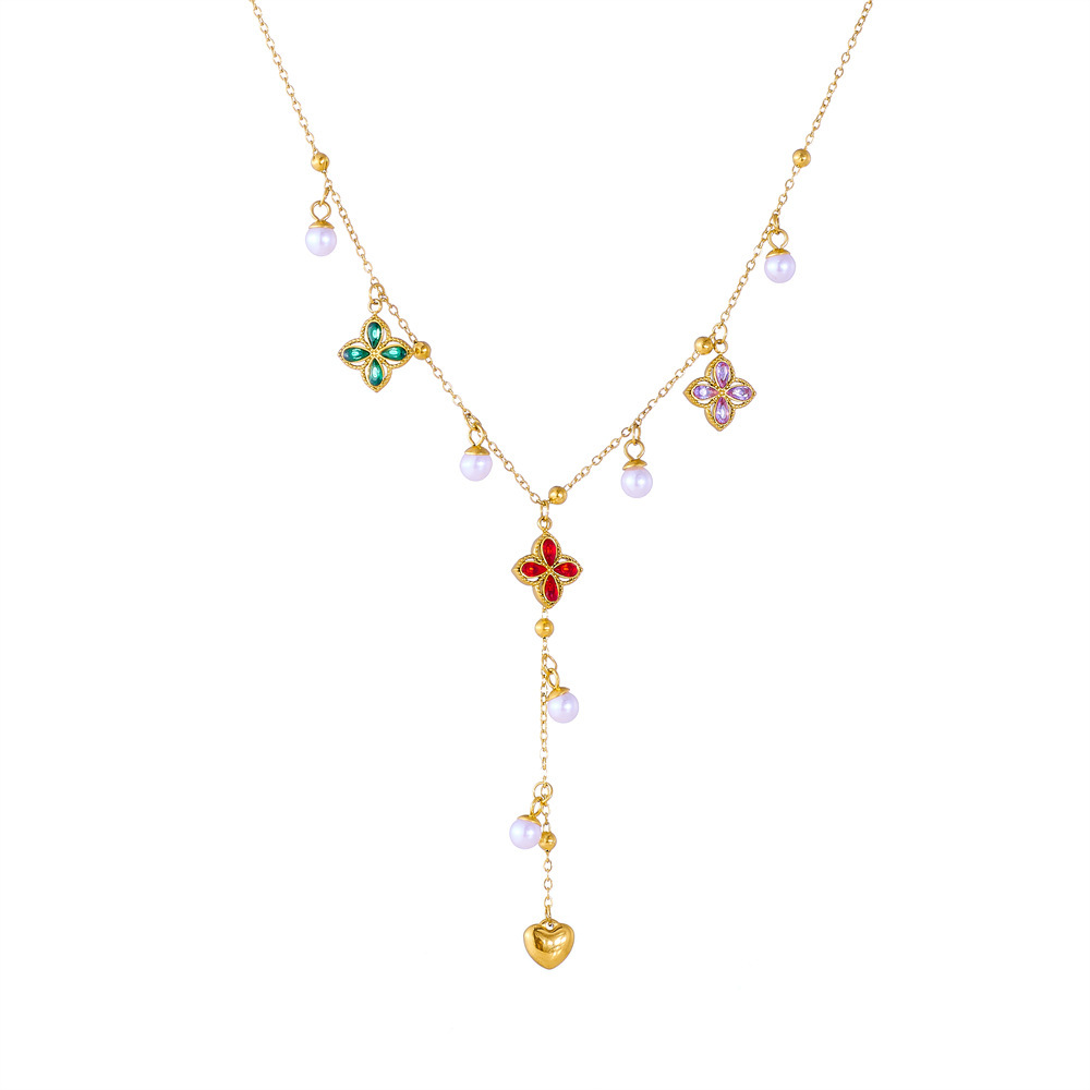 Chic and stylish commuter necklace with colorful flowers, diamonds, and pearls; Y-shaped chain; stainless steel jewelry.