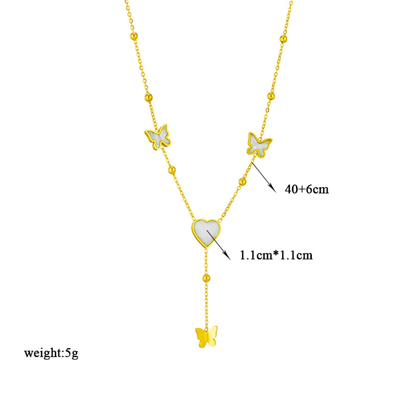 Japanese and Korean style, simple and versatile, elegant and luxurious heart-shaped butterfly tassel pendant, titanium steel metal jewelry necklace.
