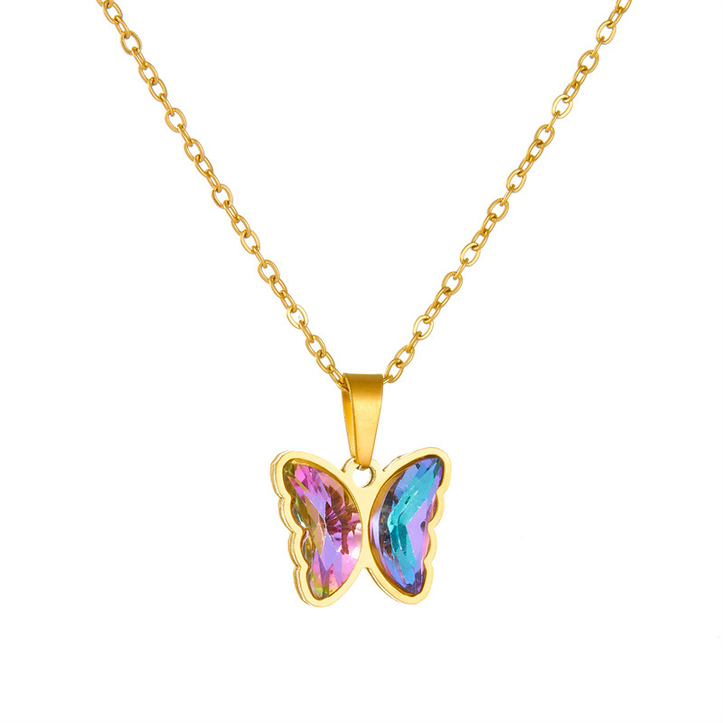 New cross-border fashion sweet gradient butterfly rhinestone pendant stainless steel jewelry set necklace and earrings
