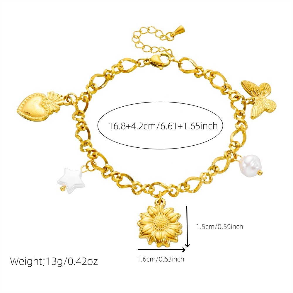 Cross-border fashion gold-plated stainless steel multi-element white shell pendant chain bracelet with five-pointed star, sunflower, heart and butterfly elements.