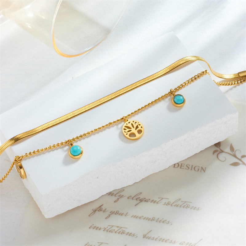 Trendy, niche, retro, high-end, understated luxury turquoise Tree of Life round pendant, double-layered titanium steel bracelet