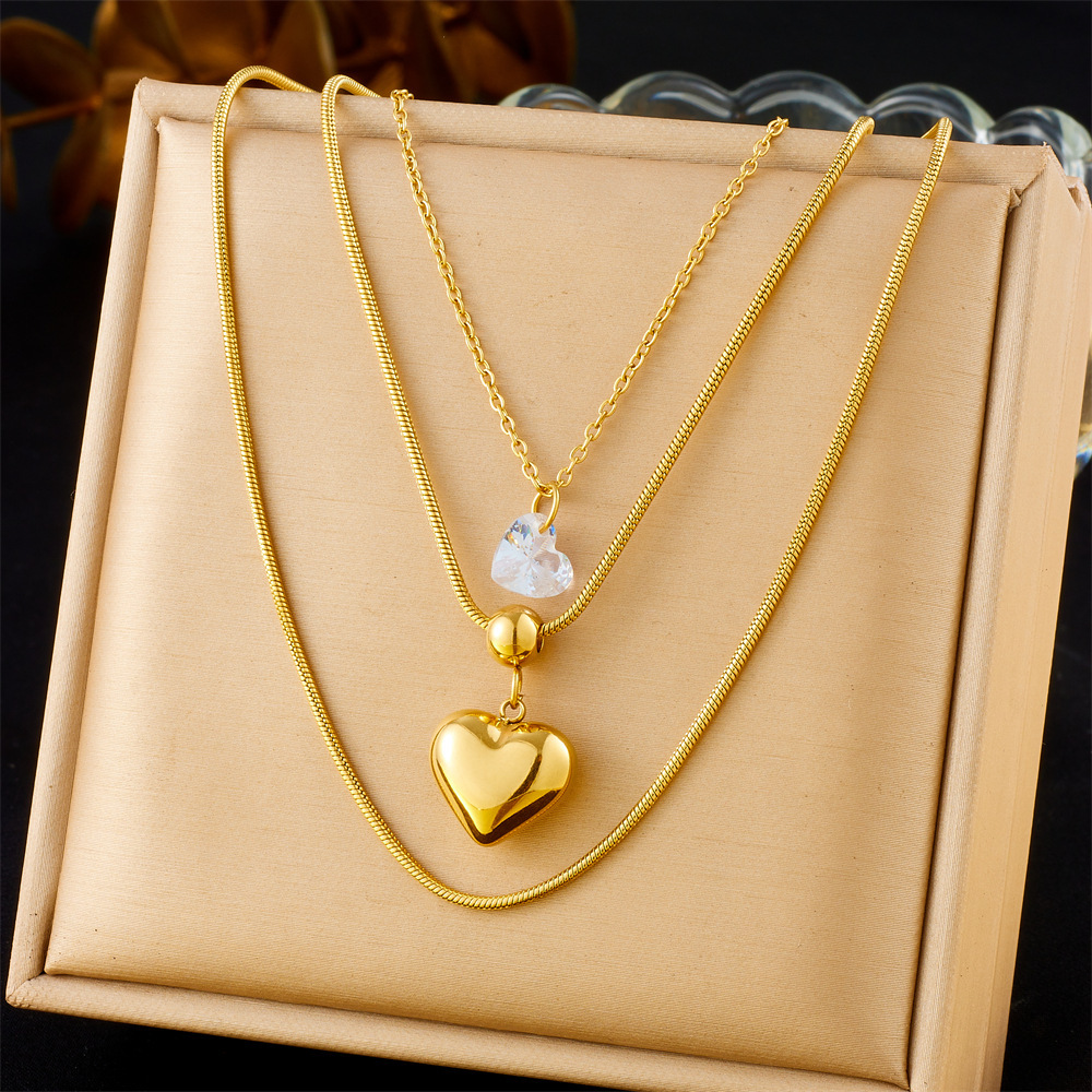 Cross-border fashion minimalist layered chain stainless steel heart pendant gold-plated women's snake bone necklace