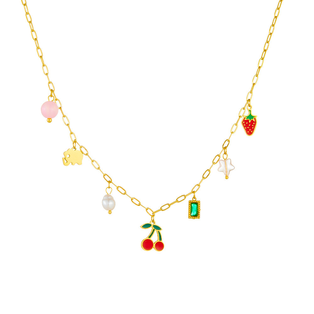Fashionable, sweet, fresh, and pastoral style stainless steel necklace with multi-element pearl fruit pendant featuring cherry and strawberry designs.