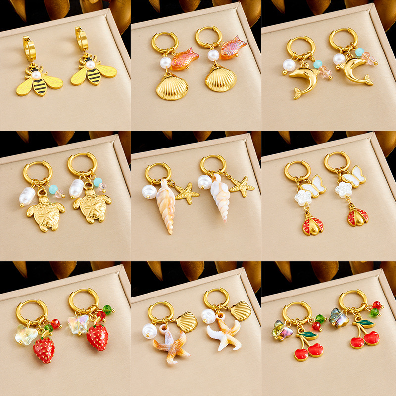 Cross-border fashion, unique and trendy multi-element conch shell stainless steel dripping fruit butterfly pendant earrings