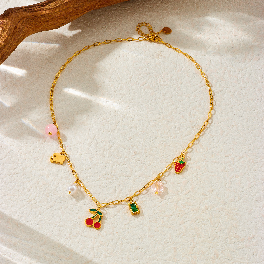Fashionable, sweet, fresh, and pastoral style stainless steel necklace with multi-element pearl fruit pendant featuring cherry and strawberry designs.