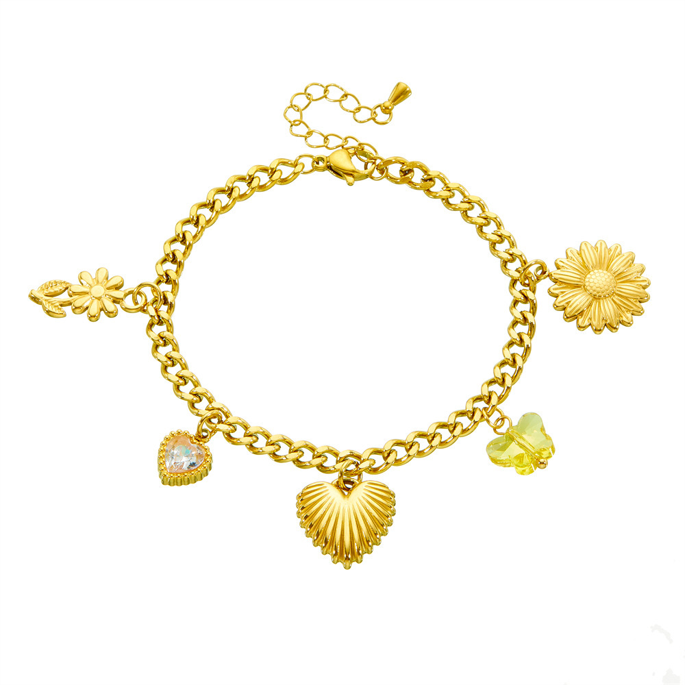 Korean style creative and unique multi-element pendant, gold-plated stainless steel chrysanthemum heart accessory, side chain bracelet