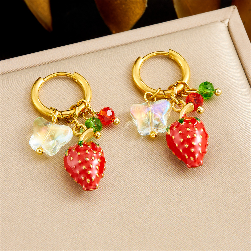 Cross-border fashion, unique and trendy multi-element conch shell stainless steel dripping fruit butterfly pendant earrings