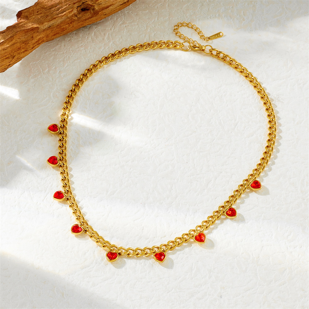 European and American cross-border trendy fashion gold-plated colorful heart-shaped rhinestone accessories stainless steel chain necklace for women