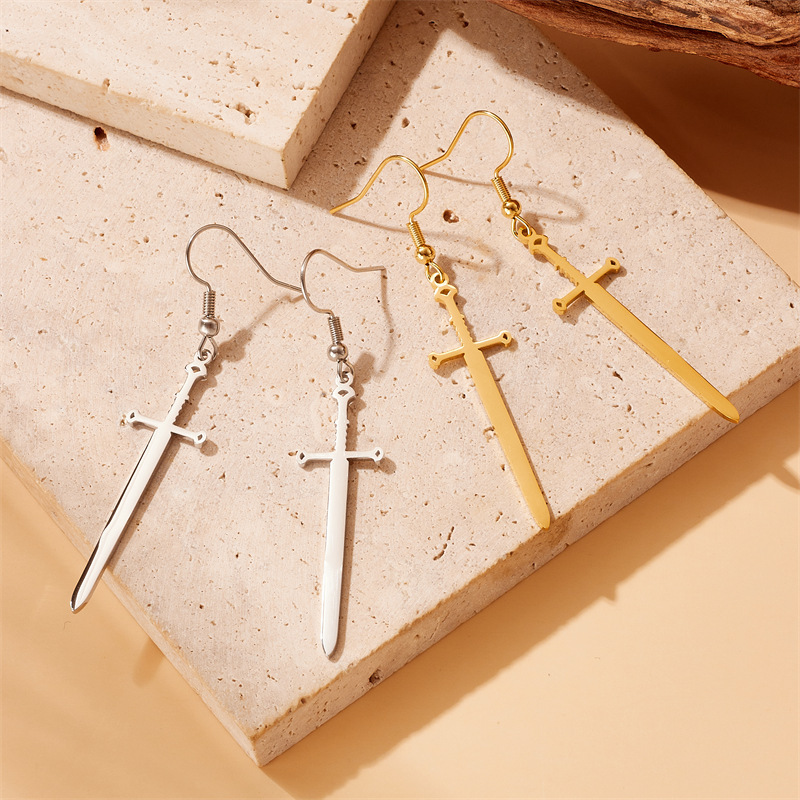European and American cross-border fashion creative personalized gold-plated stainless steel cross sword pendant earrings