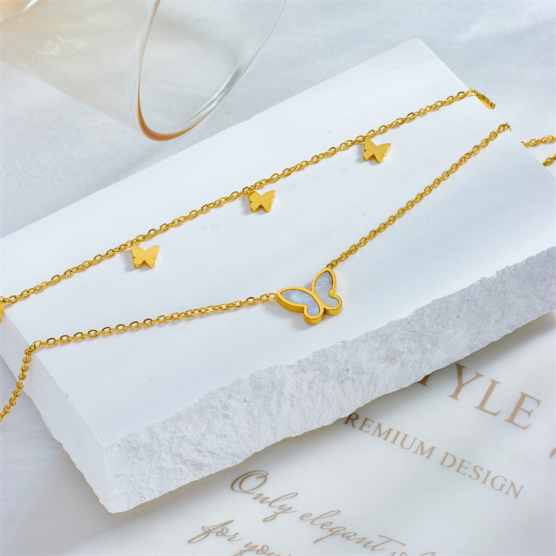 European and American style minimalist glossy butterfly pendant titanium steel multi-layer chain beach style trendy versatile anklet