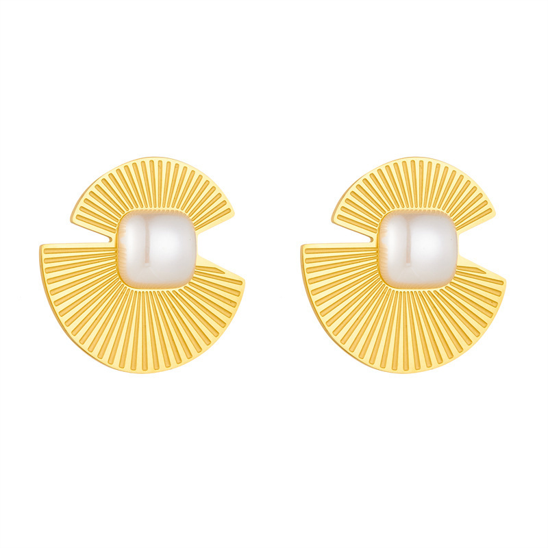 European and American style, retro and high-end, metal fan-shaped square pearl accessories, stainless steel jewelry earrings