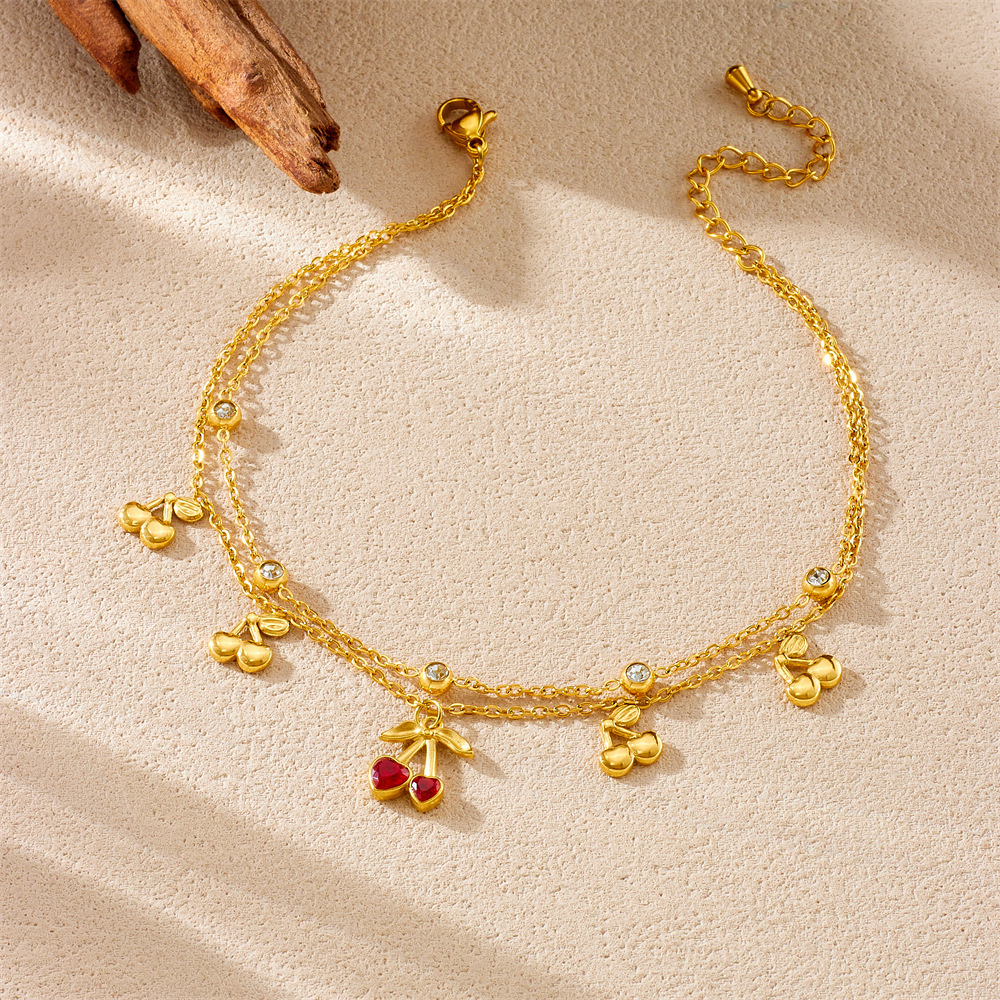 Korean style, fashionable, sweet, versatile, diamond-encrusted heart-shaped cherry pendant, double-layered stainless steel chain, gold-plated anklet.