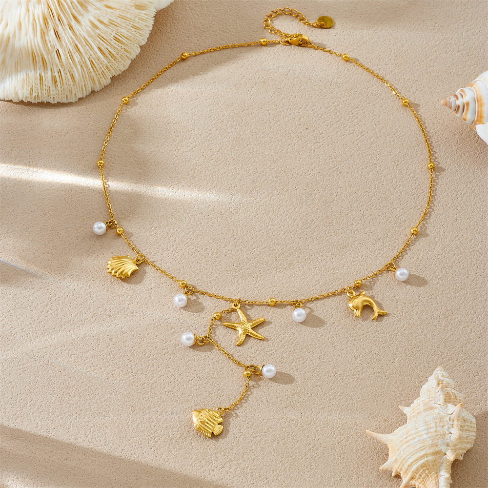 Korean-style, fashionable, minimalist design, beach vacation style, multi-element accessory, Y-shaped chain, stainless steel butterfly and starfish necklace.