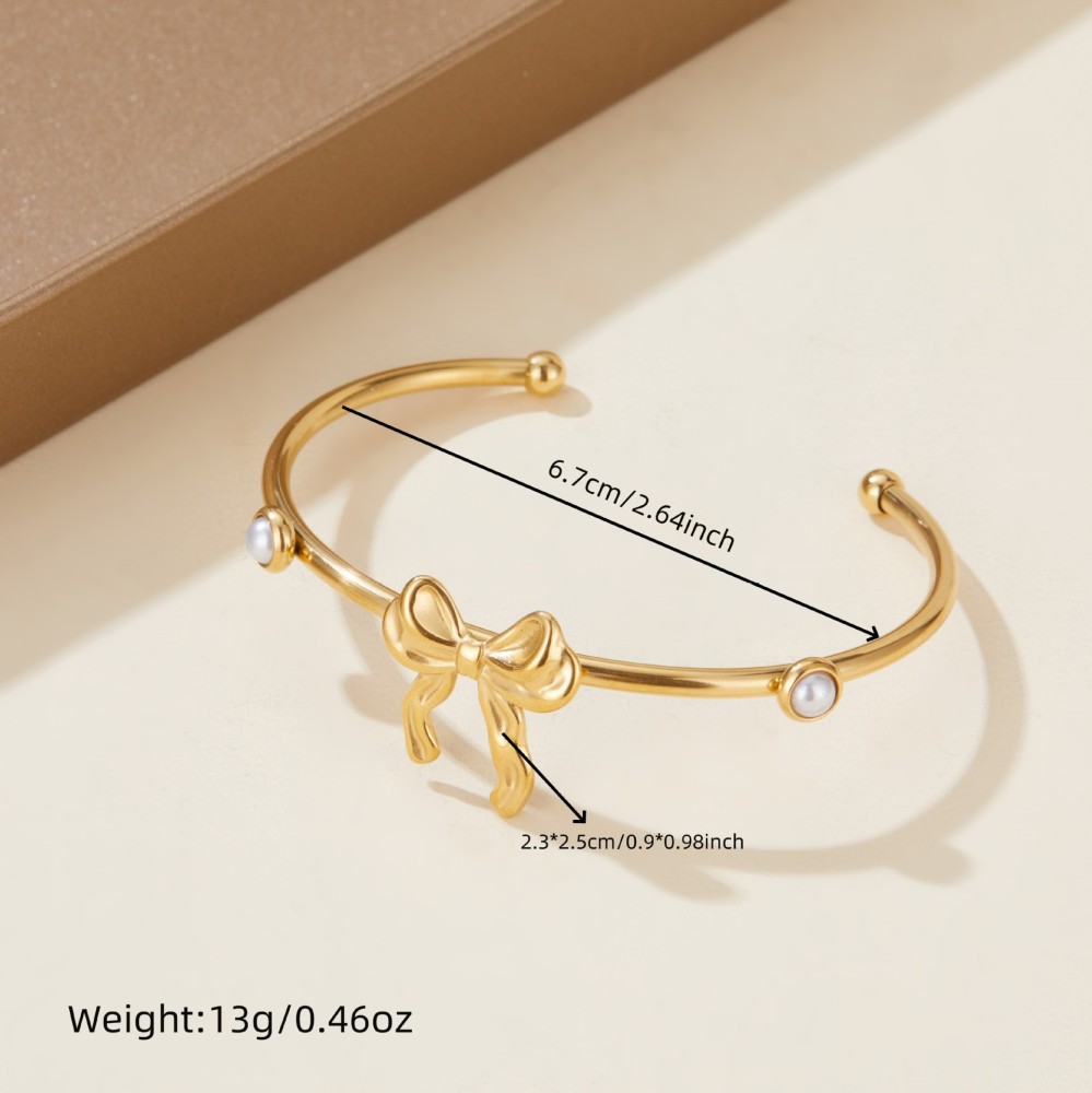 New European and American style cross-border open bracelet for women, pearl bow flower stainless steel gold-plated retro bracelet
