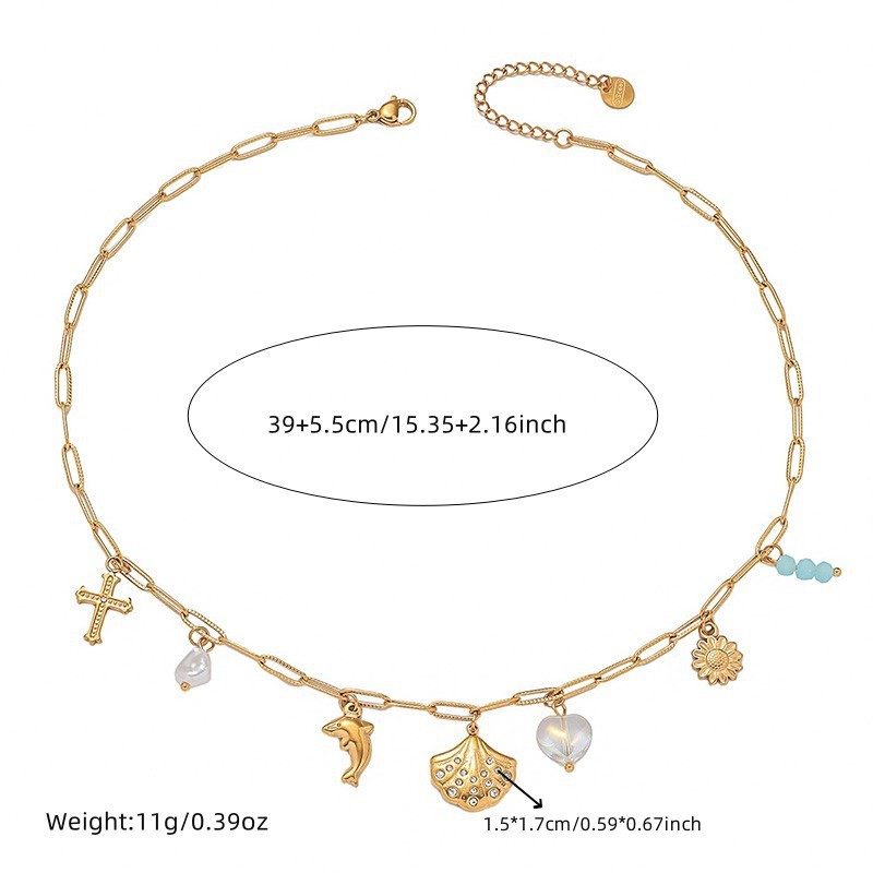 European and American retro rhinestone-encrusted scallop gold-plated dolphin pendant sweatshirt chain, versatile iridescent heart pearl stainless steel necklace