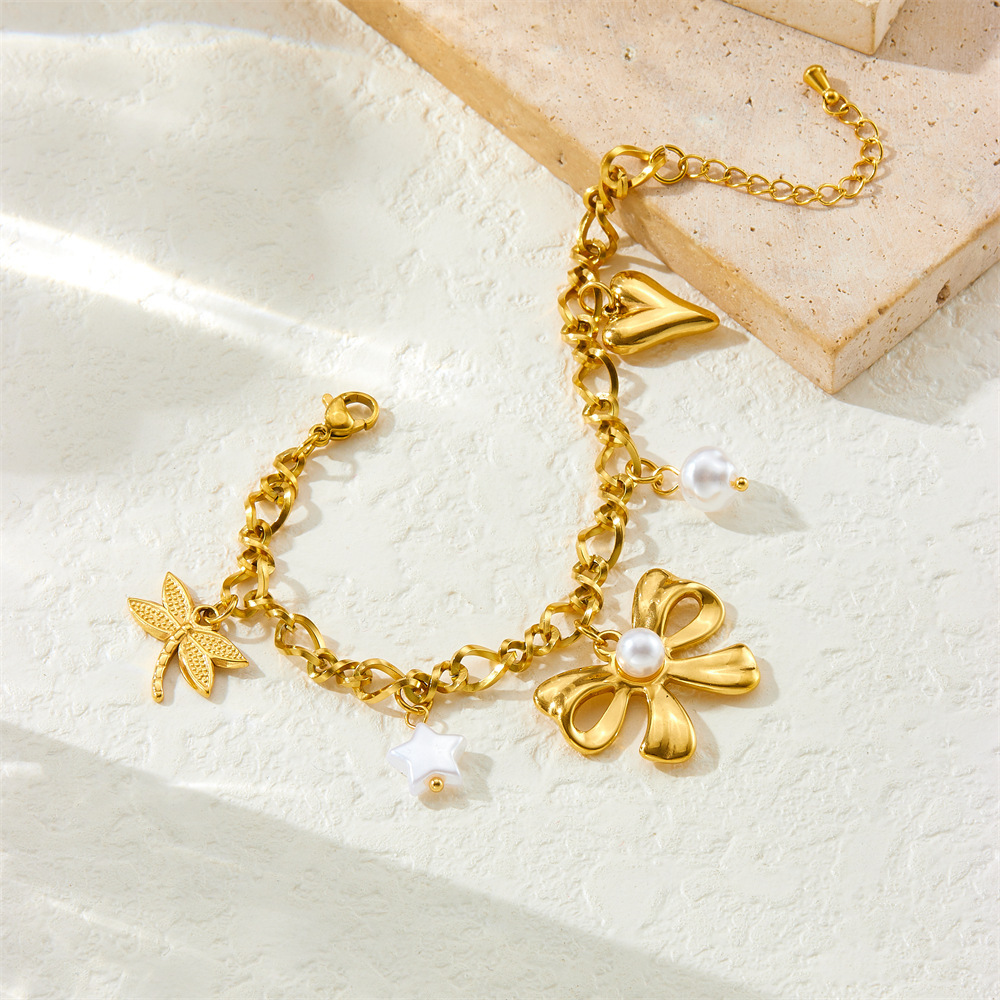 New cross-border fashion light luxury gold-plated stainless steel bow pearl heart dragonfly five-pointed star pendant bracelet