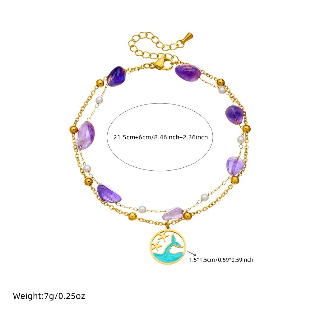 Cross-border fashion ocean style purple pebble beaded chain, double-layer stainless steel starfish dolphin fish tail anklet