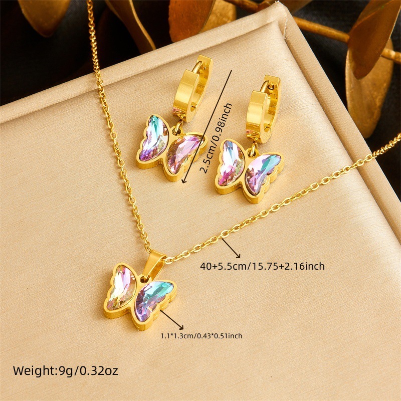 New cross-border fashion sweet gradient butterfly rhinestone pendant stainless steel jewelry set necklace and earrings