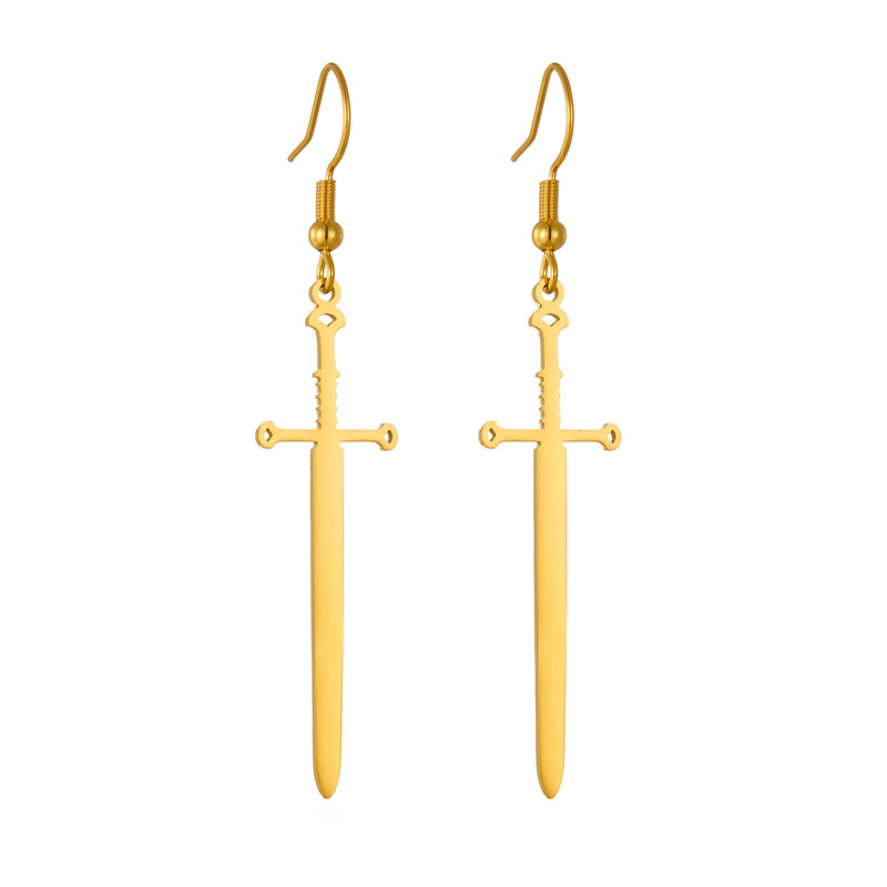 European and American cross-border fashion creative personalized gold-plated stainless steel cross sword pendant earrings