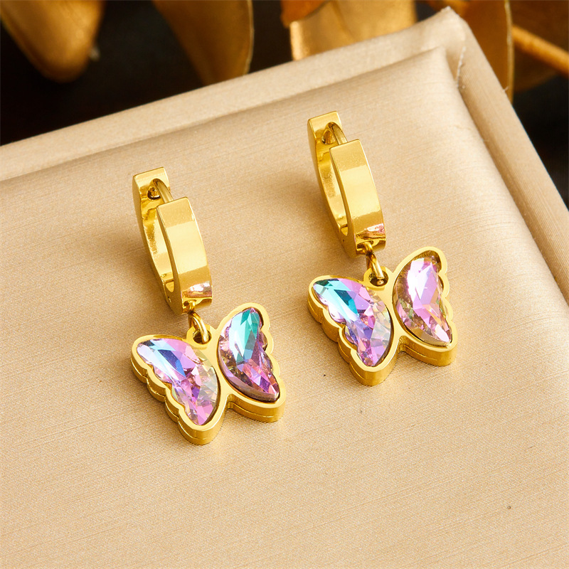 New cross-border fashion sweet gradient butterfly rhinestone pendant stainless steel jewelry set necklace and earrings