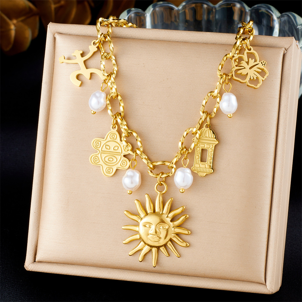 European and American style stainless steel necklace with sunflower design, ancient architecture pendant, gold-plated multi-element pearl clavicle chain