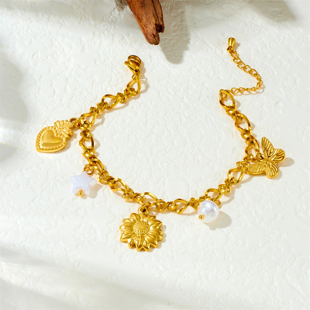Cross-border fashion gold-plated stainless steel multi-element white shell pendant chain bracelet with five-pointed star, sunflower, heart and butterfly elements.