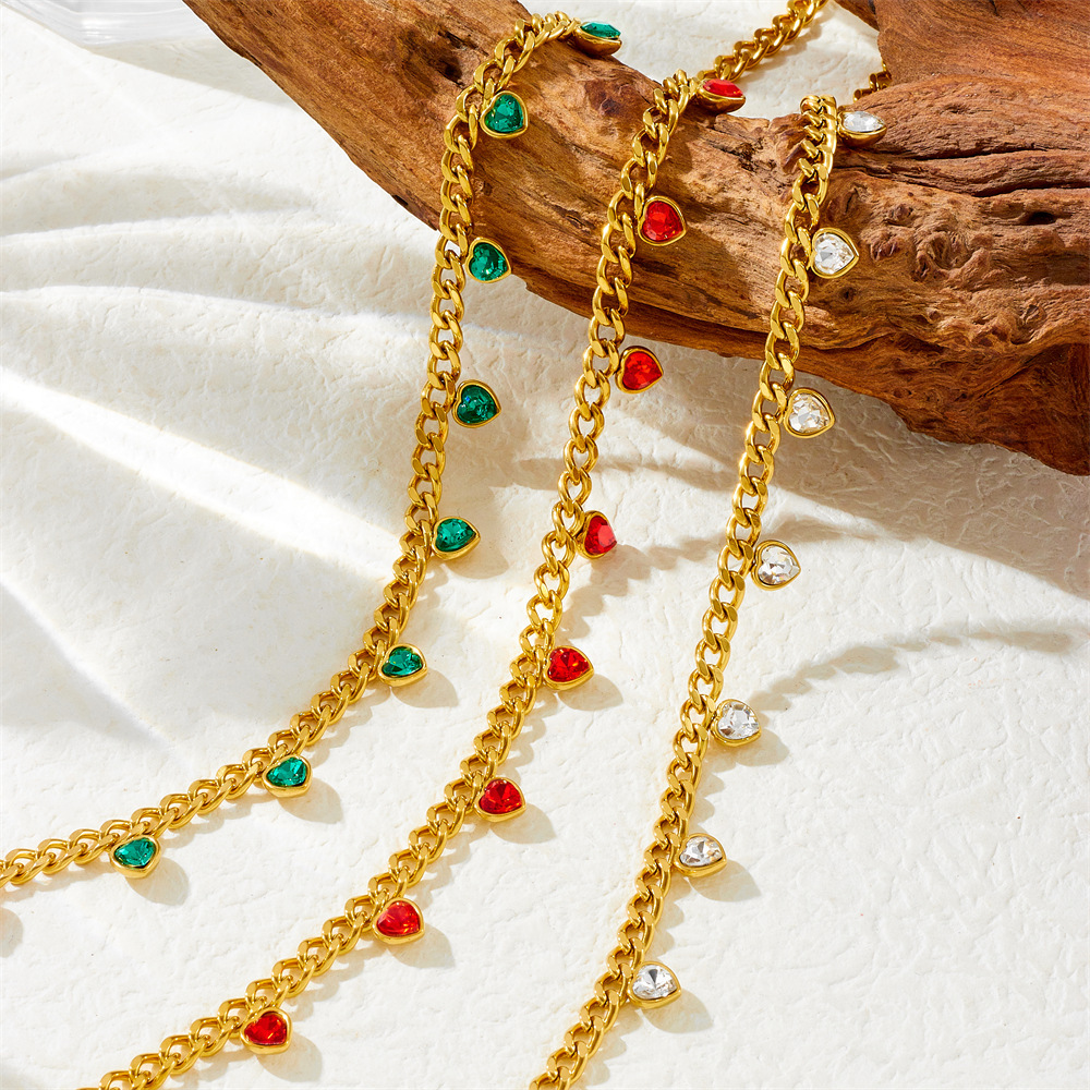 European and American cross-border trendy fashion gold-plated colorful heart-shaped rhinestone accessories stainless steel chain necklace for women