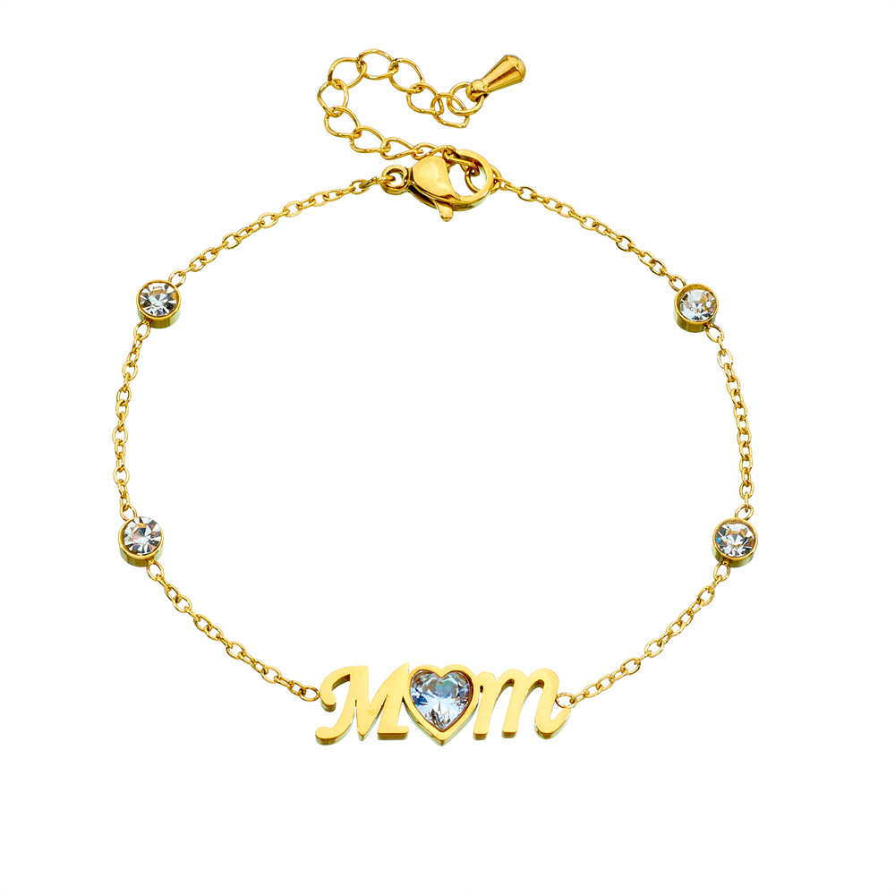 Korean style, fashionable and simple gold-plated diamond-encrusted heart-shaped MOM accessory chain stainless steel women's everyday wear bracelet