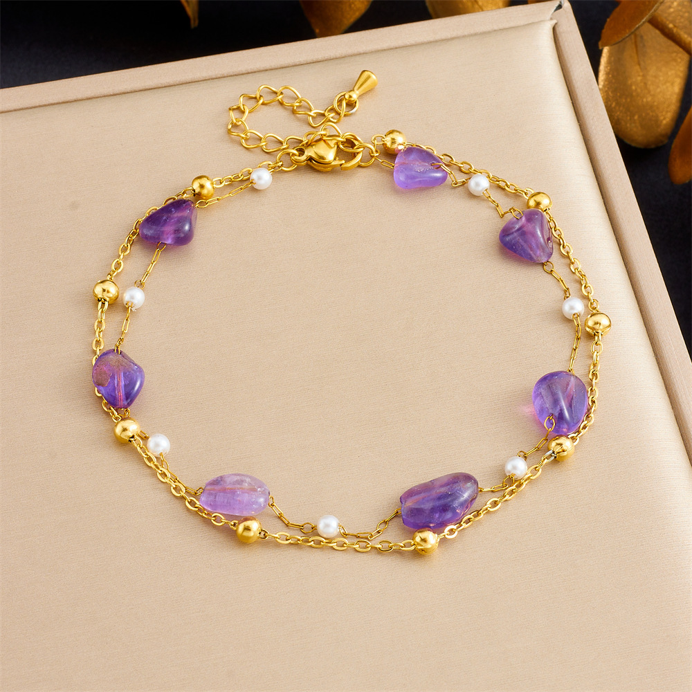 Cross-border fashion ocean style purple pebble beaded chain, double-layer stainless steel starfish dolphin fish tail anklet