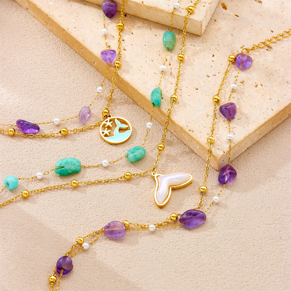 Cross-border fashion ocean style purple pebble beaded chain, double-layer stainless steel starfish dolphin fish tail anklet