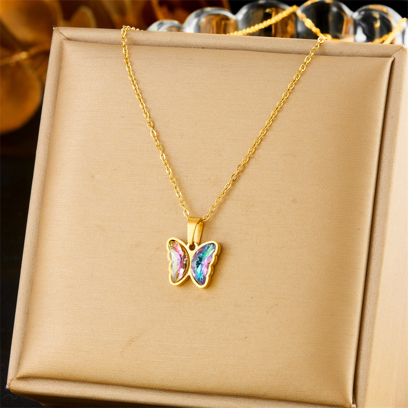 New cross-border fashion sweet gradient butterfly rhinestone pendant stainless steel jewelry set necklace and earrings