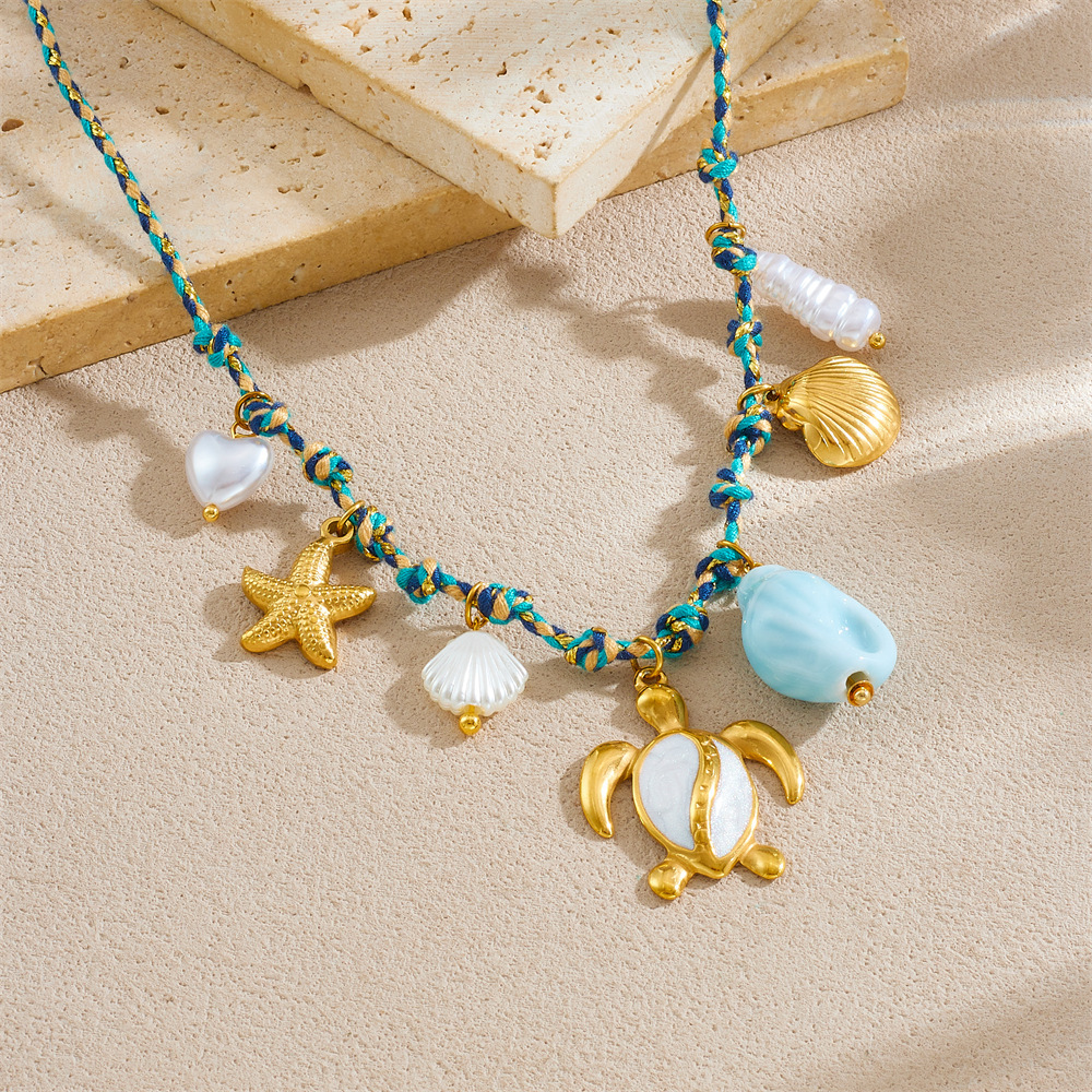 New hot-selling handmade woven colorful rope bohemian multi-element gold-plated marine life pendant necklace and bracelet