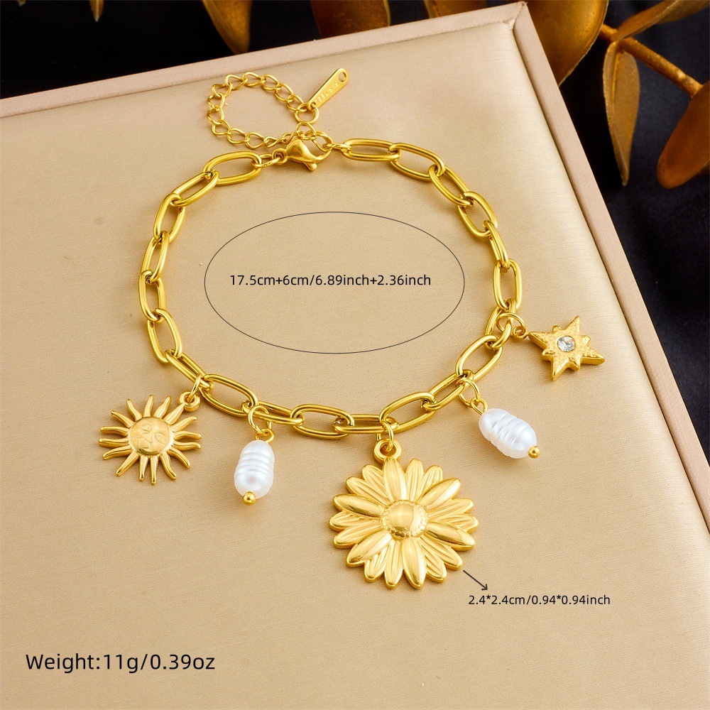 New cross-border style gold-plated retro high-end pearl heart sunflower pendant chain stainless steel jewelry bracelet