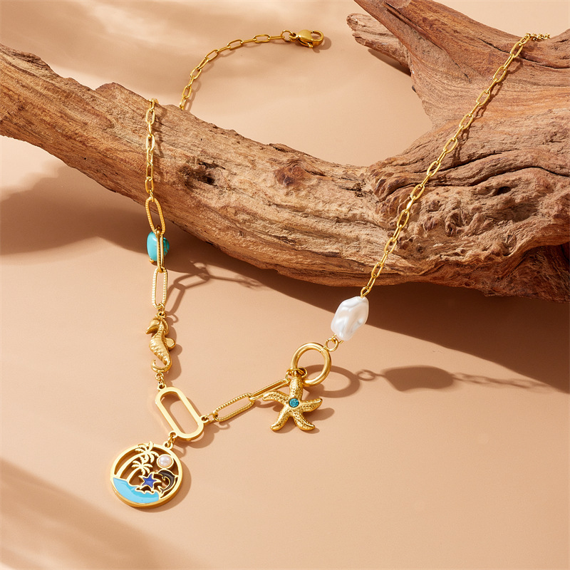 Fashionable cross-border turquoise beaded double-layer chain stainless steel marine life pendant accessories necklace bracelet