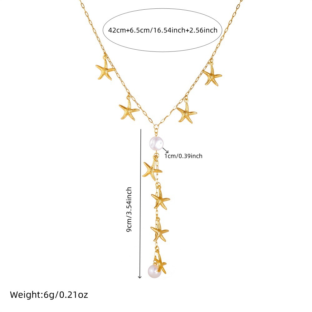 Stylish, versatile, minimalist, irregular Y-shaped chain with gold-plated pearl, starfish, and stainless steel pendant tassel necklace.