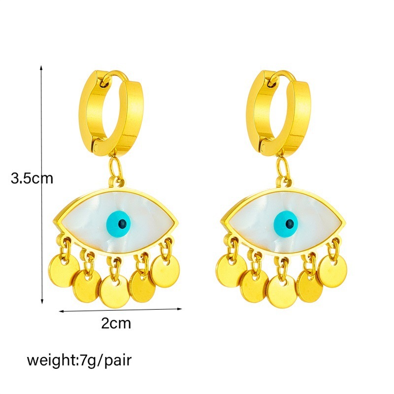 European and American cross-border personalized fashion creative niche oval blue eye earrings with round tassels titanium steel jewelry ear hoops