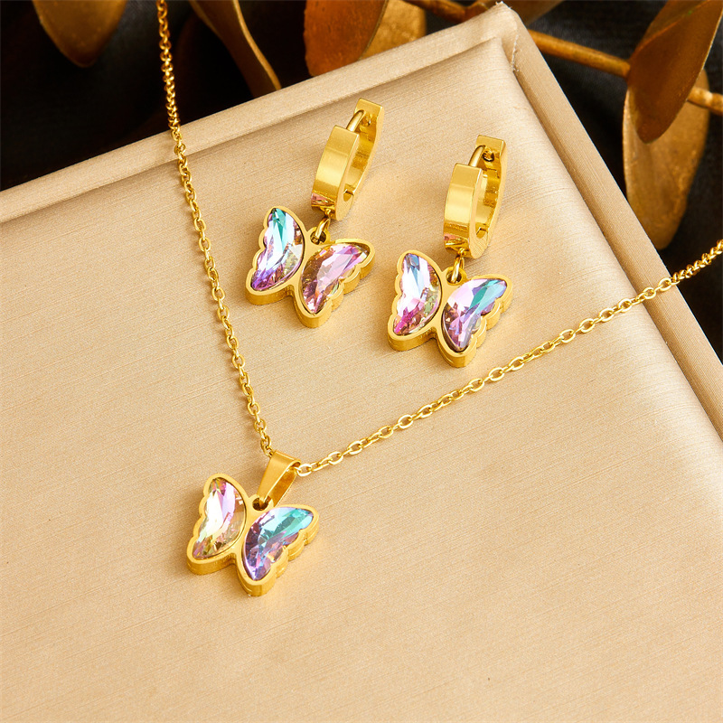 New cross-border fashion sweet gradient butterfly rhinestone pendant stainless steel jewelry set necklace and earrings
