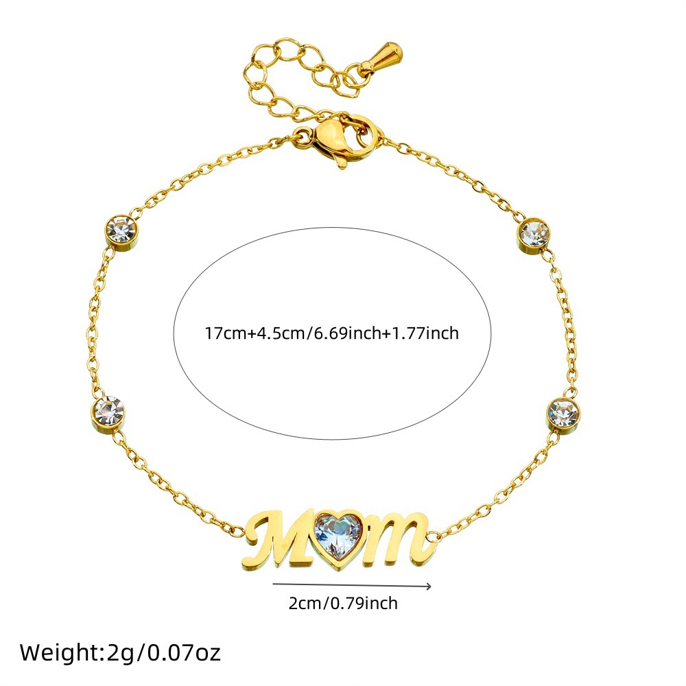 Korean style, fashionable and simple gold-plated diamond-encrusted heart-shaped MOM accessory chain stainless steel women's everyday wear bracelet