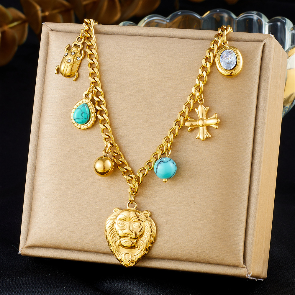 New European and American style retro animal accessories: lion head ladybug cross blue turquoise pendant chain stainless steel necklace
