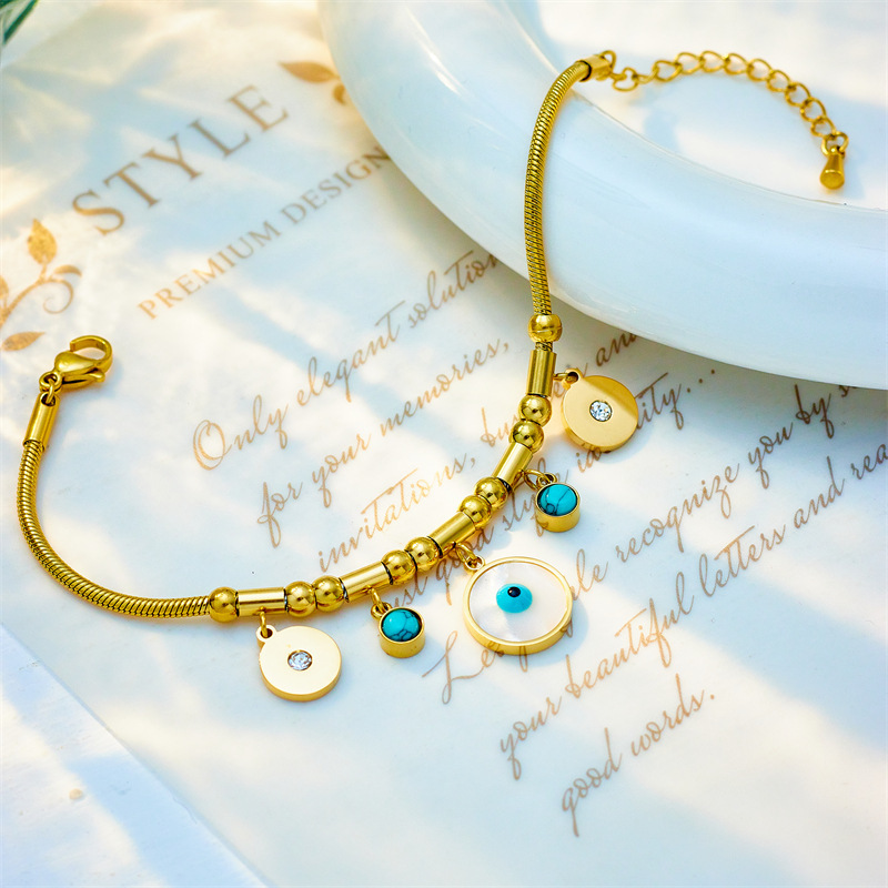 European and American style blue eye round pendant, unique and retro turquoise pendant, titanium steel chain metal bracelet