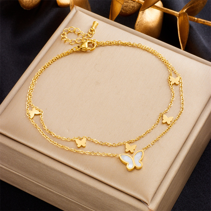 European and American style minimalist glossy butterfly pendant titanium steel multi-layer chain beach style trendy versatile anklet