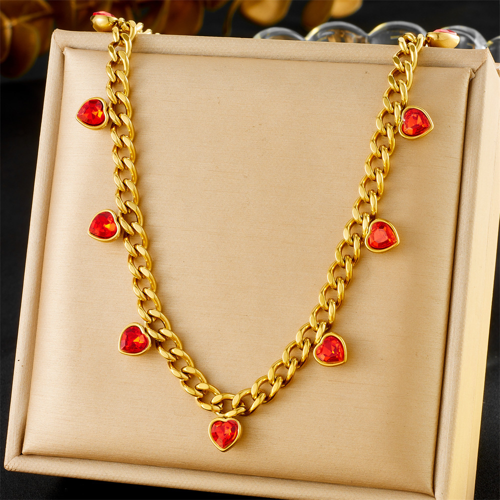 European and American cross-border trendy fashion gold-plated colorful heart-shaped rhinestone accessories stainless steel chain necklace for women