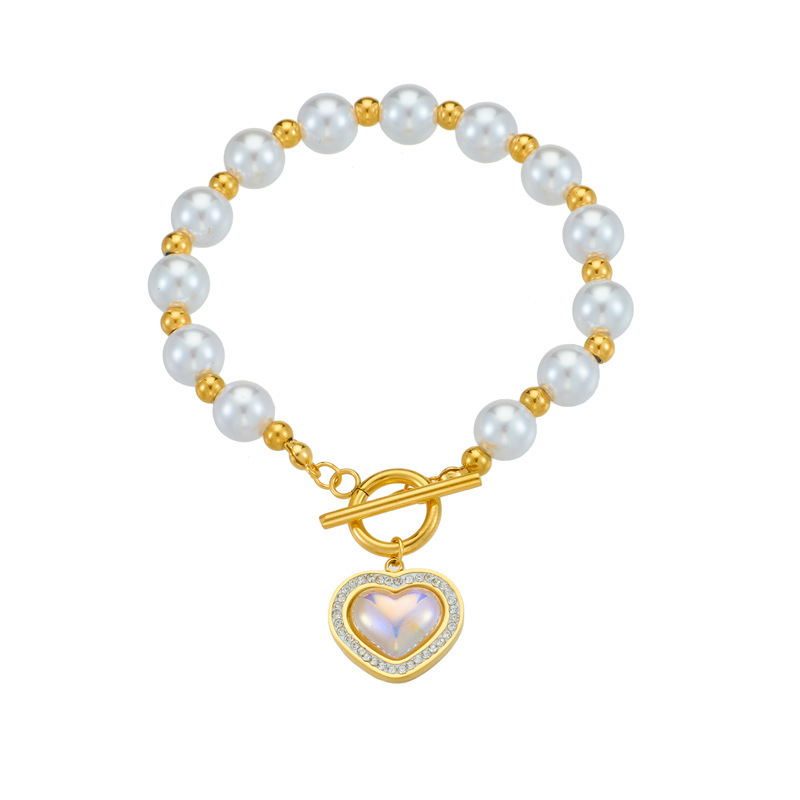 European and American style retro pearl bracelet with diamond heart pendant and OT buckle, elegant women's bracelet