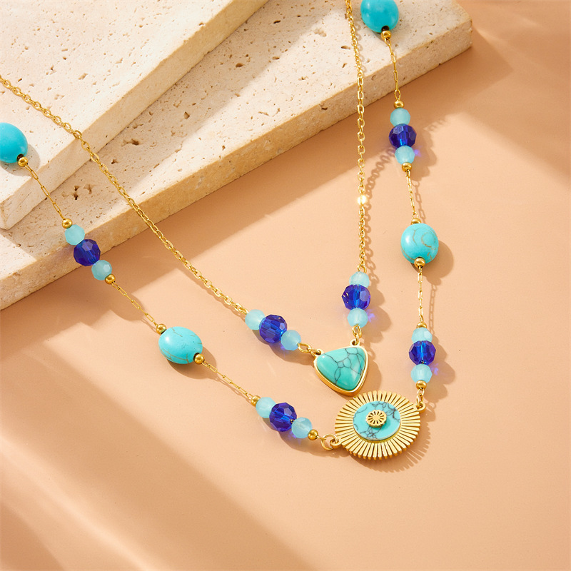Cross-border fashion retro double-layered bohemian blue beaded turquoise accessories geometric pendant chain necklace