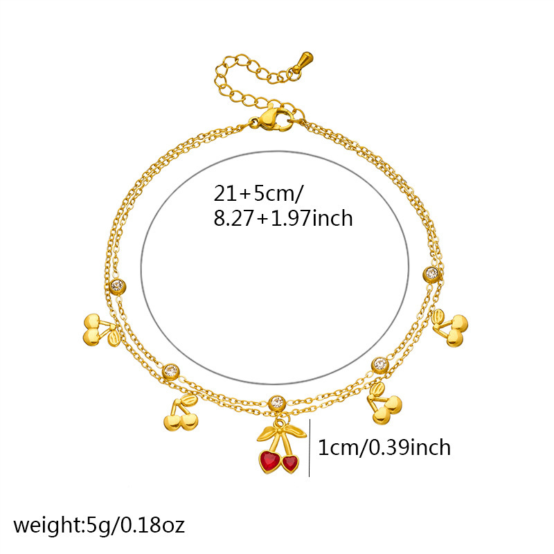 Korean style, fashionable, sweet, versatile, diamond-encrusted heart-shaped cherry pendant, double-layered stainless steel chain, gold-plated anklet.