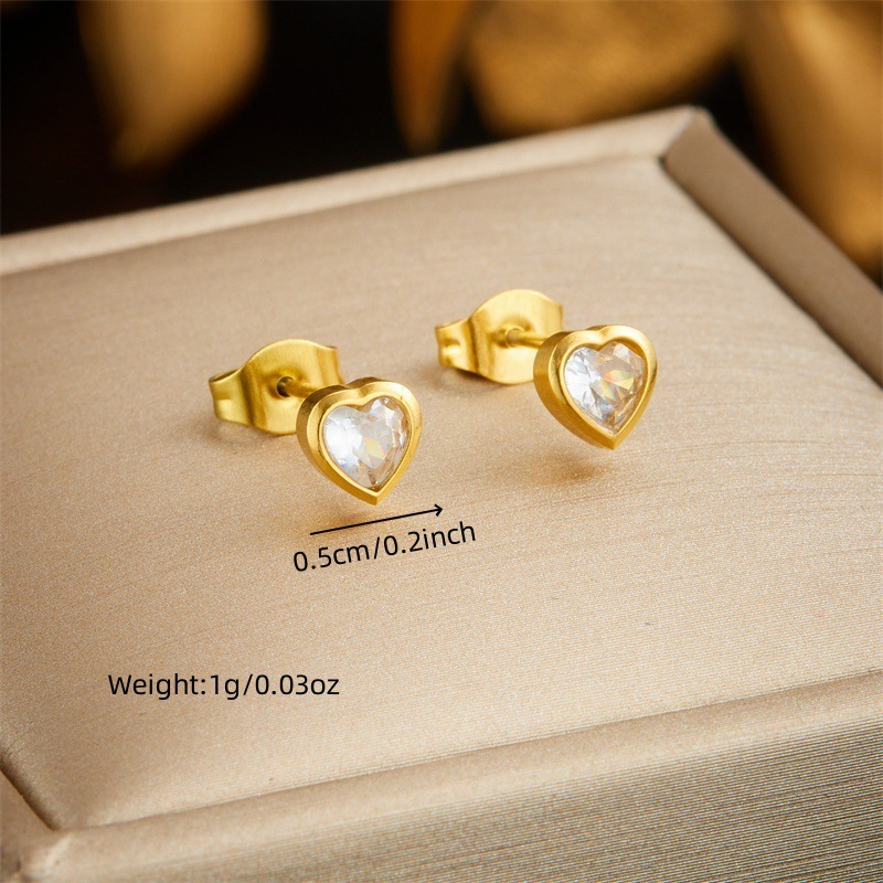 Korean style, fashionable, minimalist, niche, diamond-encrusted transparent heart accessory pendant necklace earrings stainless steel gold-plated set